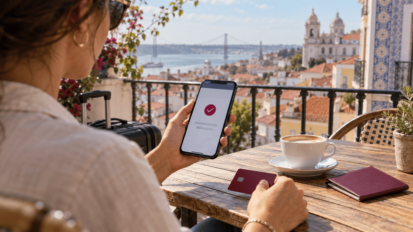 Traveller checking a banking-app payment approval on a smartphone while abroad.