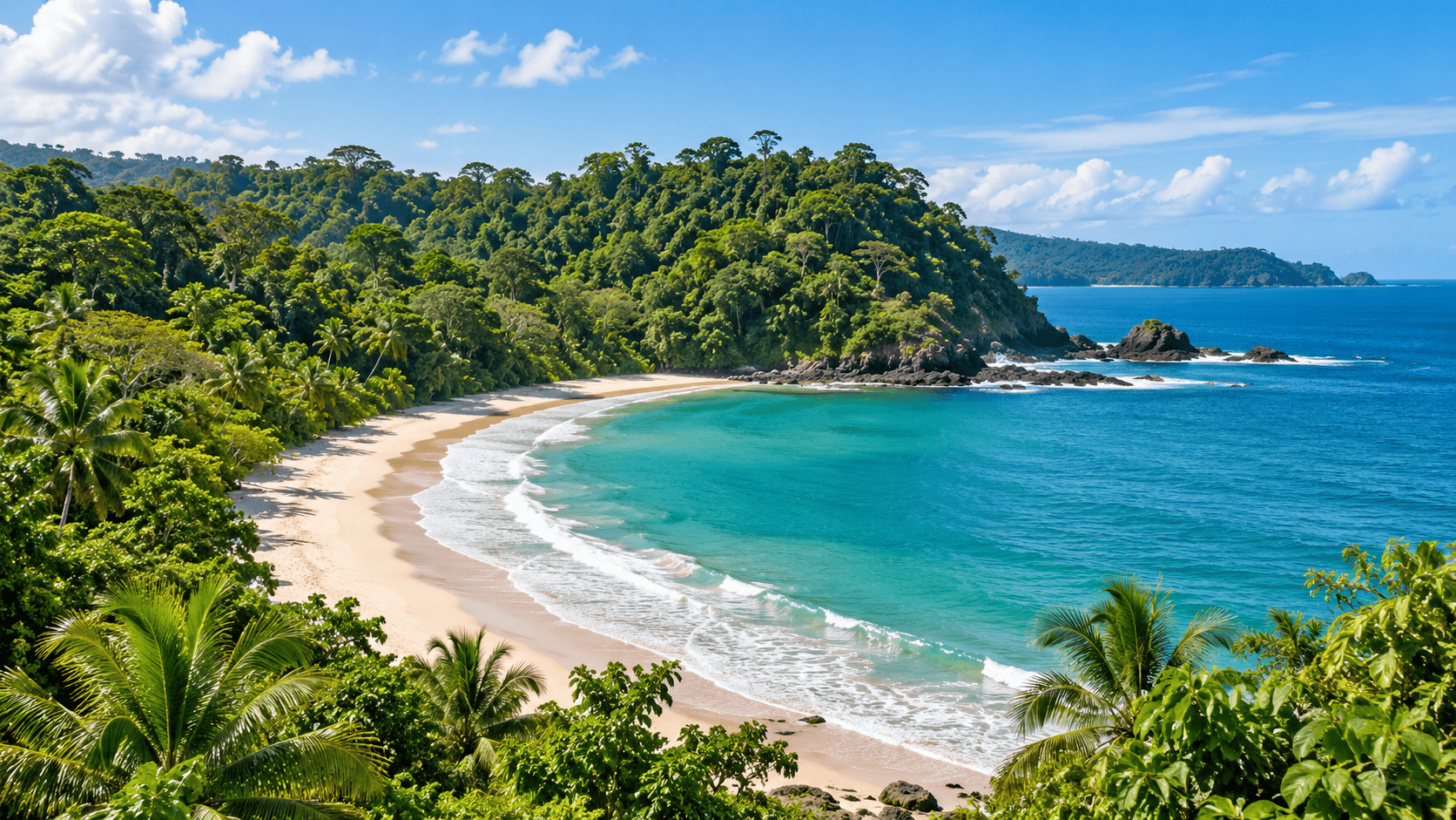 Illustrative Ansicht einer Pazifikbucht in Costa Rica mit Sandstrand, tropischem Wald und blauem Meer