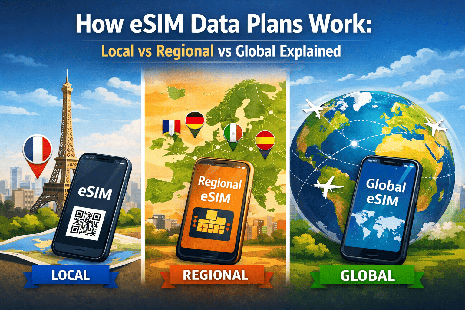 Comparison of local regional and global eSIM data plans for travelers