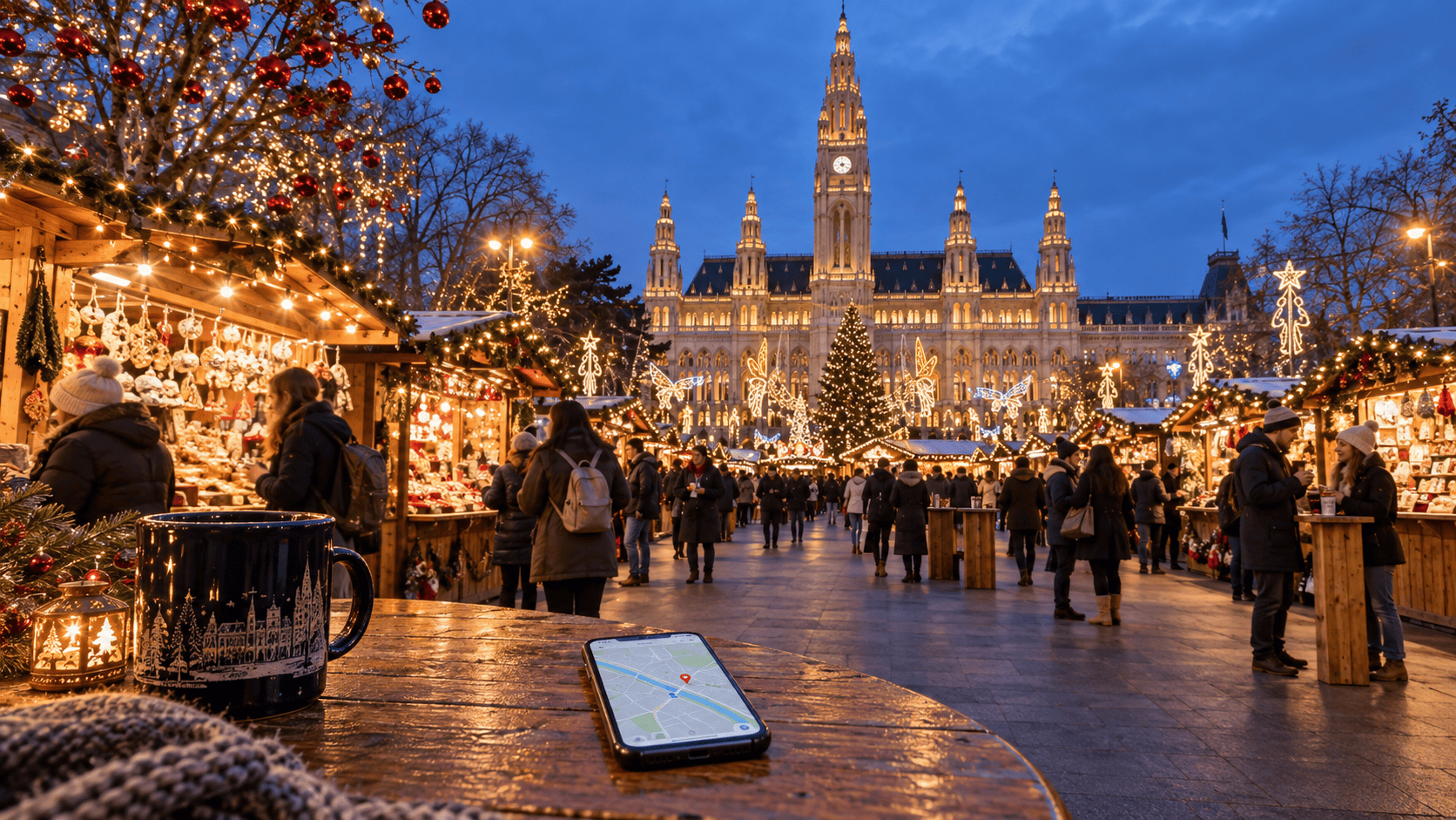 Vienna Christmas Market at Rathausplatz with Vienna City Hall illuminated for Christmas