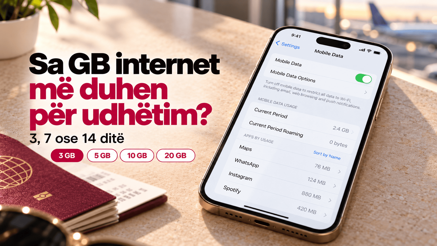 iPhone mbi tavolinë me konsumin e internetit celular dhe pakot 3 GB, 5 GB, 10 GB e 20 GB për udhëtim.