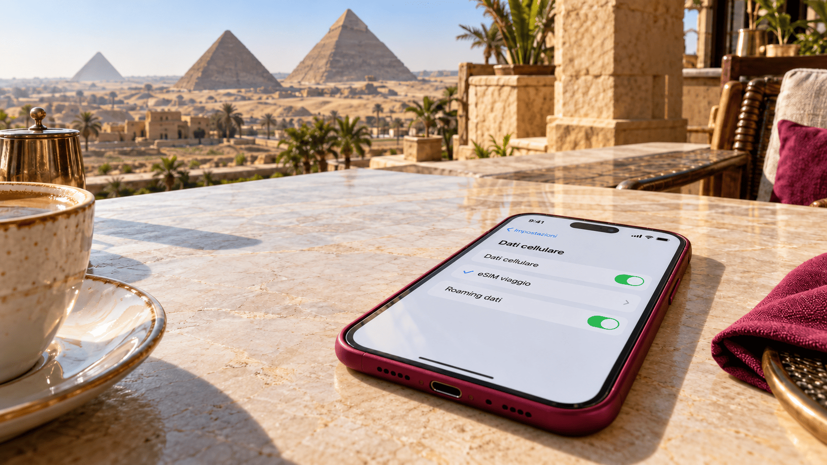 Smartphone appoggiato su un tavolo con impostazioni eSIM e roaming dati sullo schermo, con le piramidi di Giza sullo sfondo.