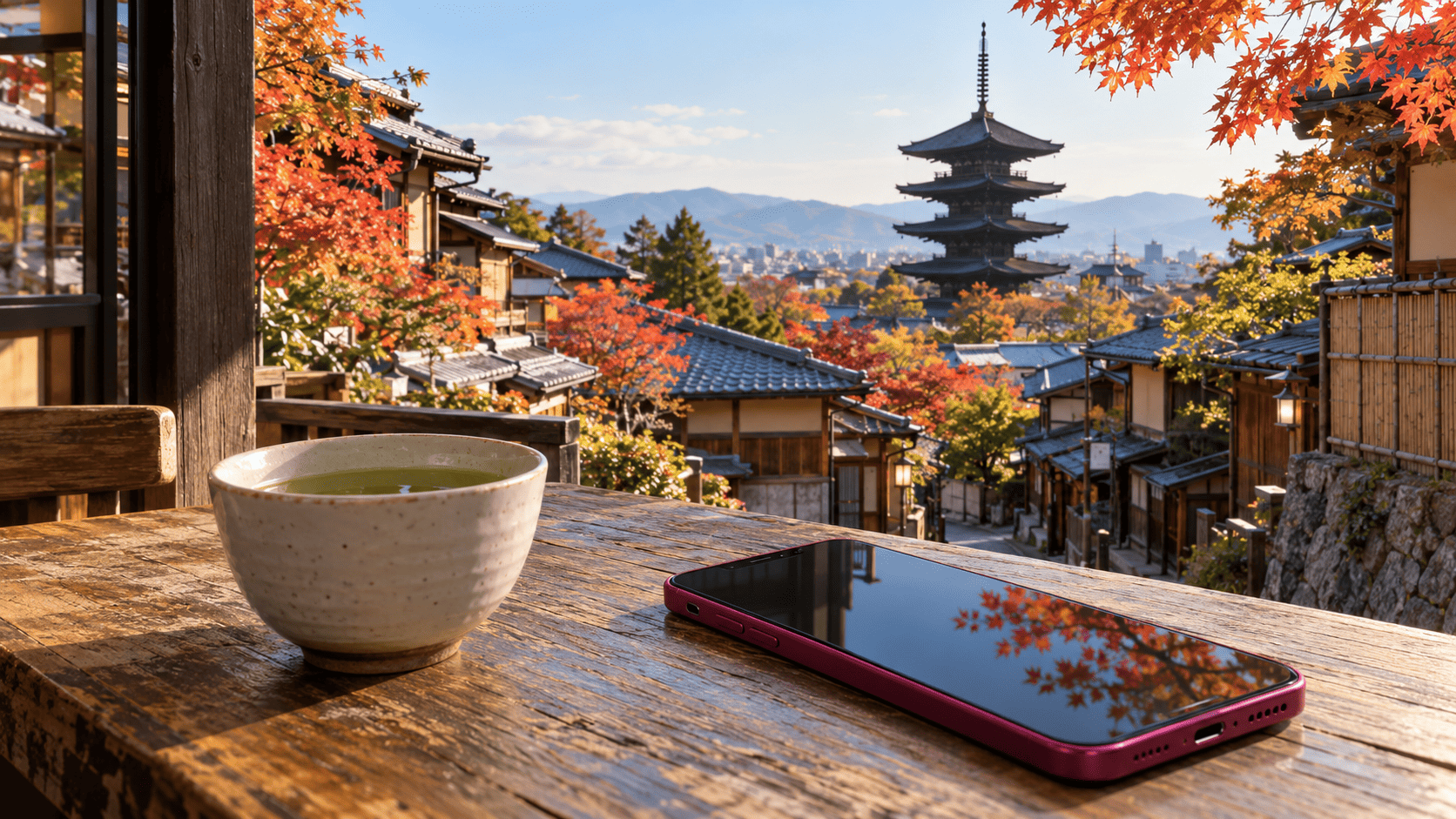 Smartphone on a wooden café table with a Kyoto pagoda and red autumn leaves in the background.