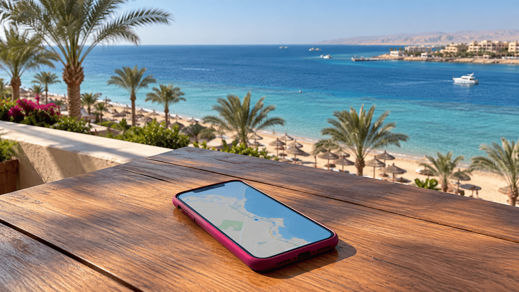 Smartphone on a wooden table overlooking the Red Sea in Hurghada, Egypt.