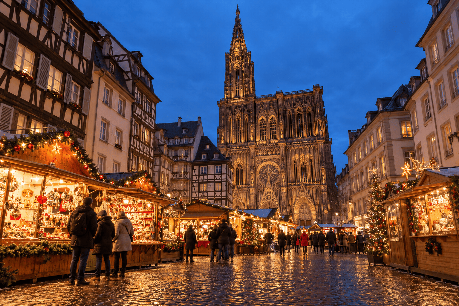 Illustration of Christmas market stalls near Strasbourg Cathedral at dusk
